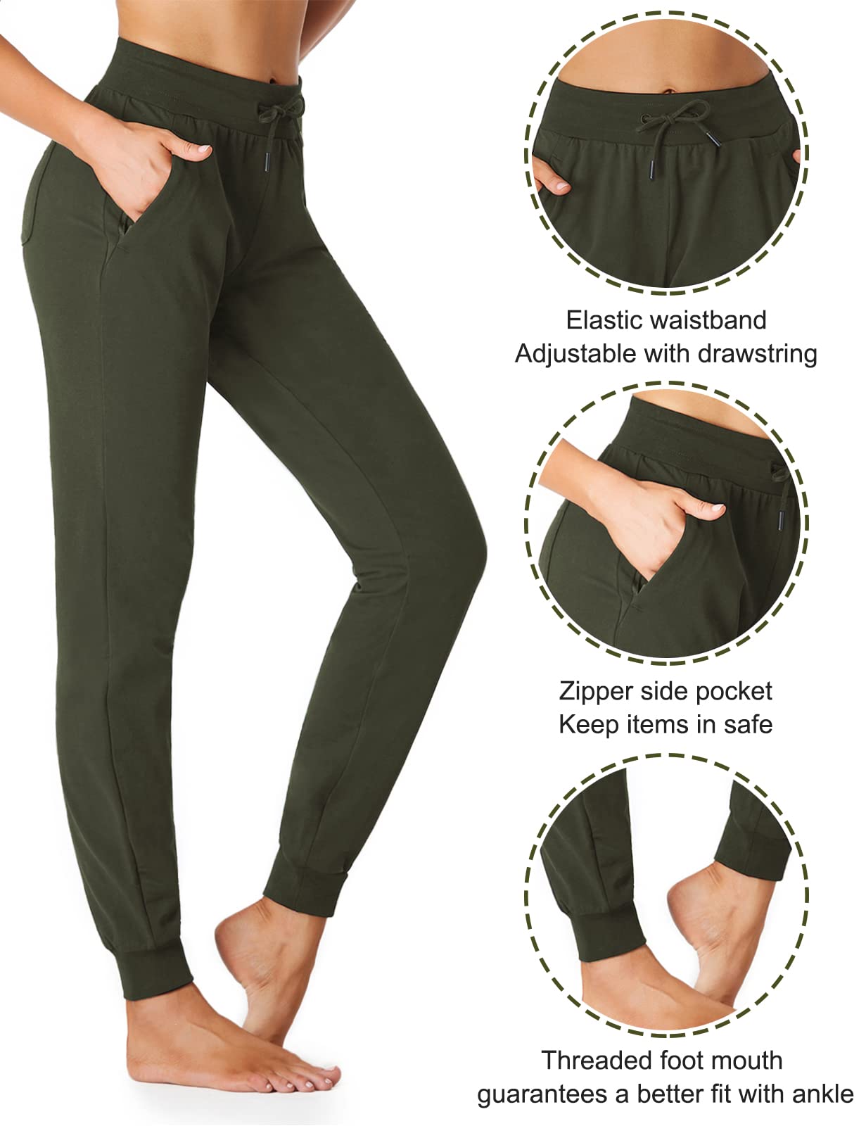 Sevego Lightweight Womens 34 Tall Inseam Cotton Soft Jogger With Zipper Pockets Cargo Pants Army Green Large