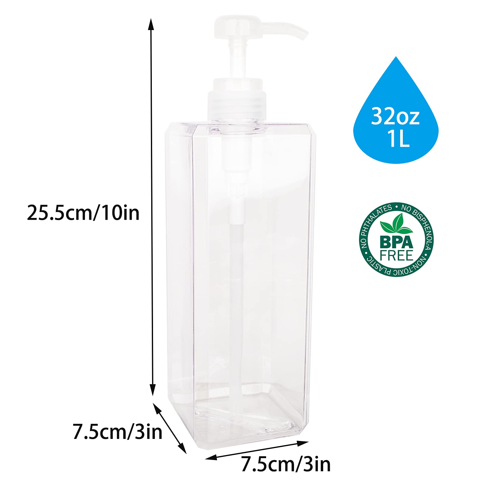 Pump Bottle, Refillable Plastic Empty Lotion Soap Dispenser Liquid Container For Bathroom Shampoo And Body Wash, 32Oz/1L Clear 2