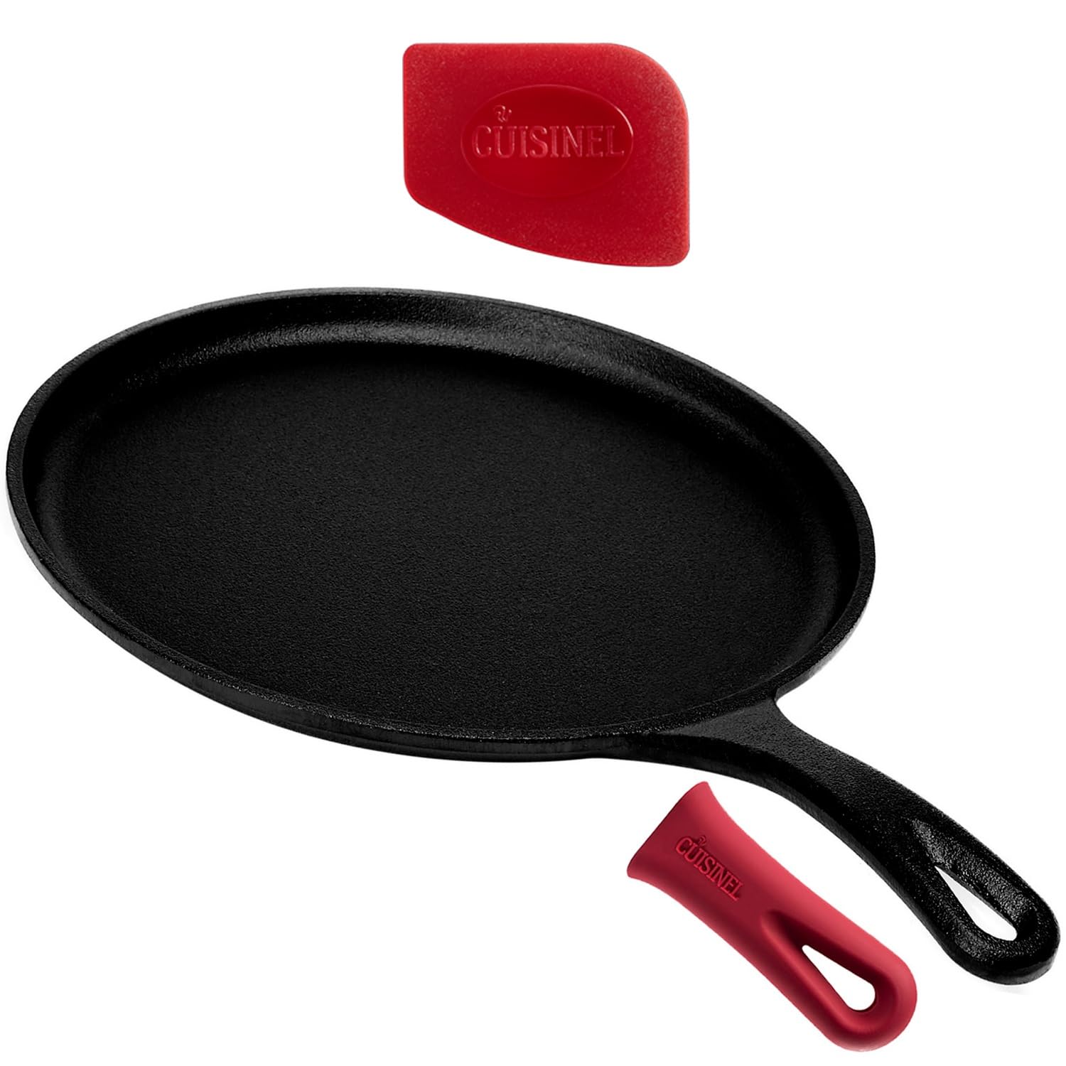 Cuisinel Cast Iron Round Griddle - 10.5'' Crepe Maker Pan + Silicone Handle Cover - Pre-Seasoned Comal For Tortillas Flat Skille