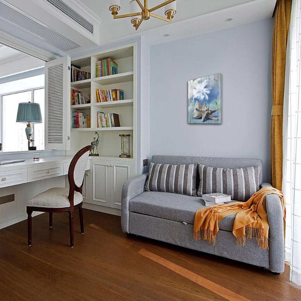 Acocifi Bathroom Blue Ocean Picture Palm Tree Coastal Conch Seashell Painting Starfish Canvas Wall Art Modern Artwork Framed For