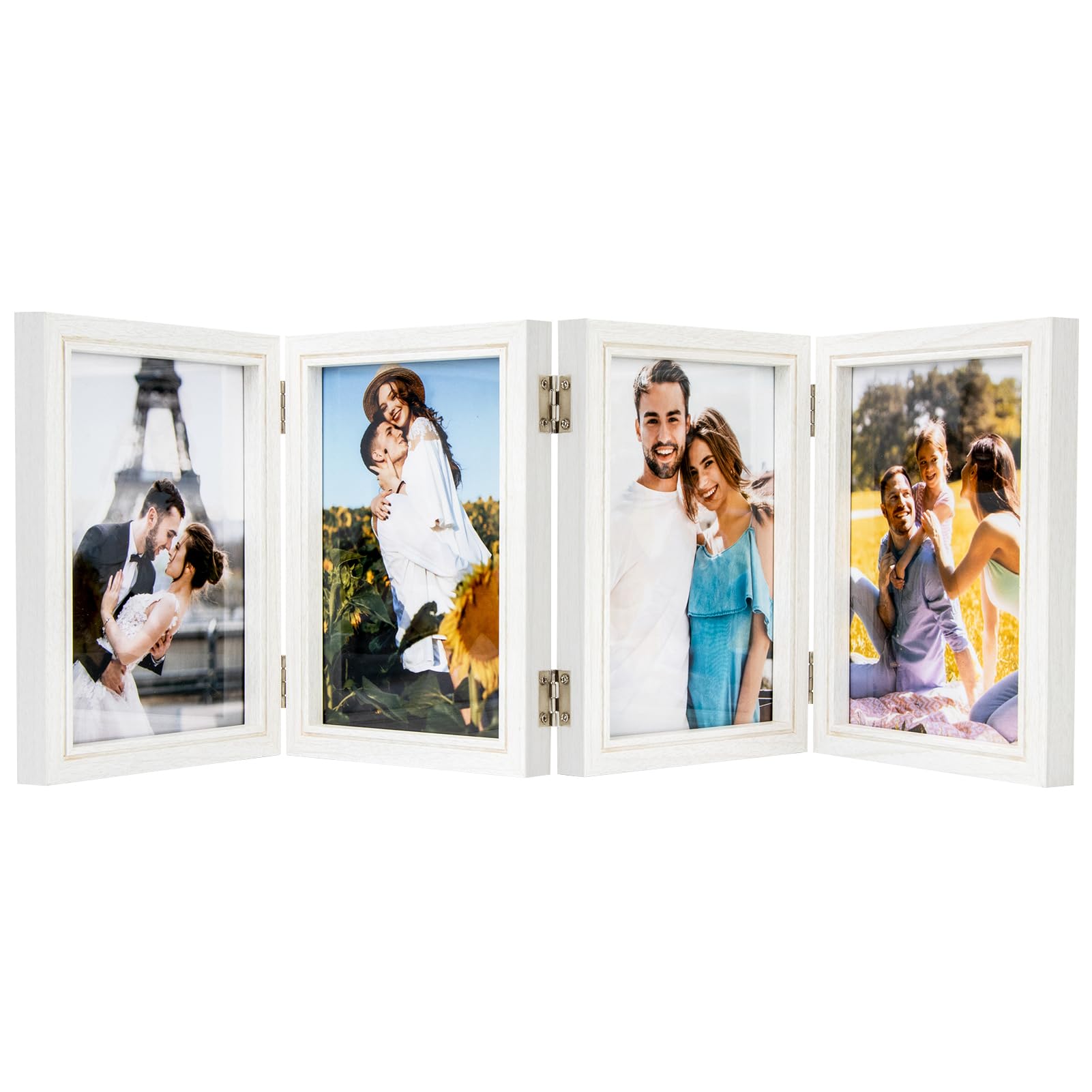 5x7 Four Picture Frame 4 Hinged Photo Frame with 4 Openings, Natural Wood Foldable Photo Frame with High Definition Acrylic for 