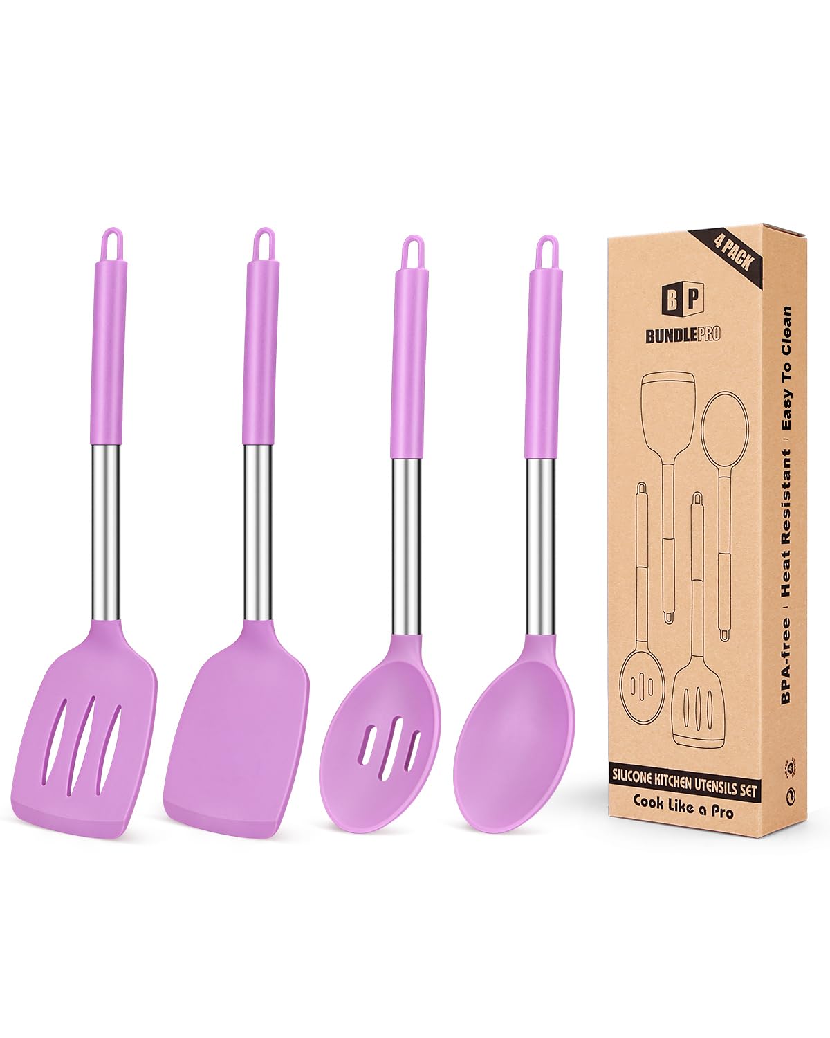 Pack of 4 Silicone Cooking Utensils Set, Non Stick Large Solid Spatulas, Heat Resistant Purple Slotted Spoons, Ideal BPA Free Ki