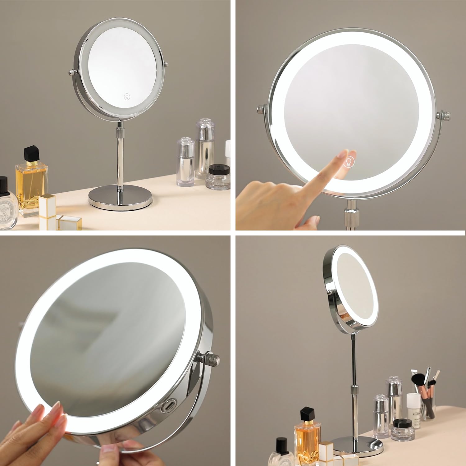 Hieey Lighted Makeup Mirror With Magnification, 1X/10X Rechargeable 8'' Lighted Mirror, 360 Rotation Touch Screen Vanity Mirror,