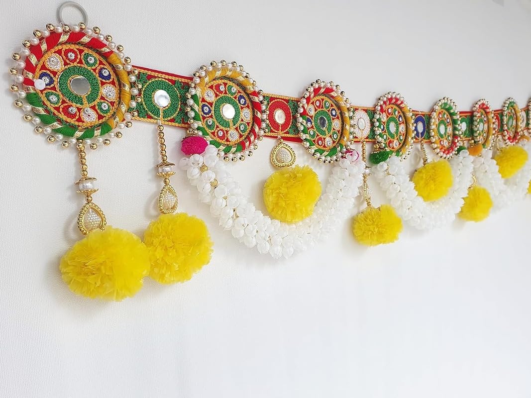 Divyakosh Toran/Bandanwar for Home Decoration and Office, Round Embroidery Work and Pom Pom Mogra Flower Toran Traditional Decor