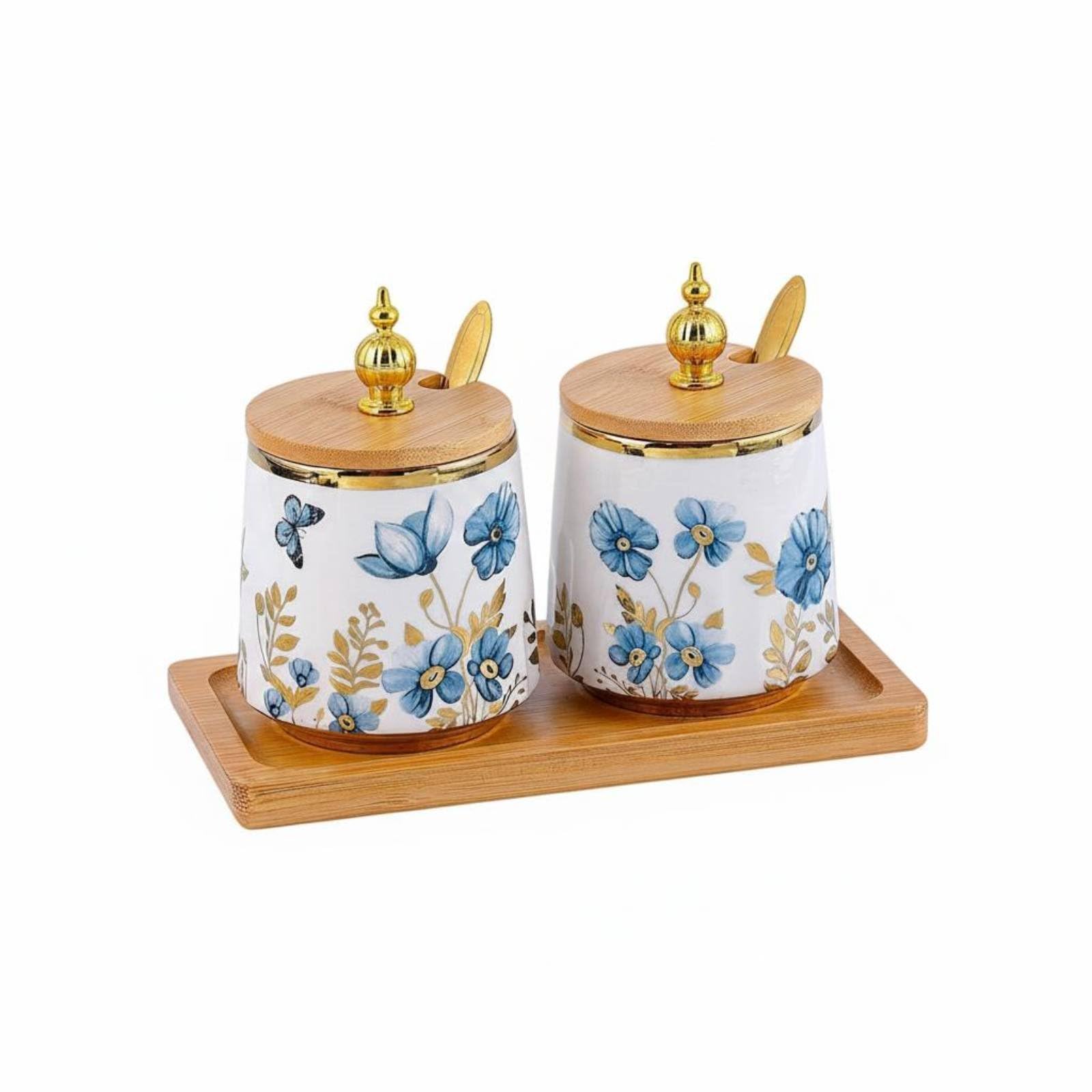 Enakshi 2 Pieces Nordic Design Blue Floral Seasoning Jar Set with Spoon Ceramic Seasoning Jars Elegant Seasoning Container for K
