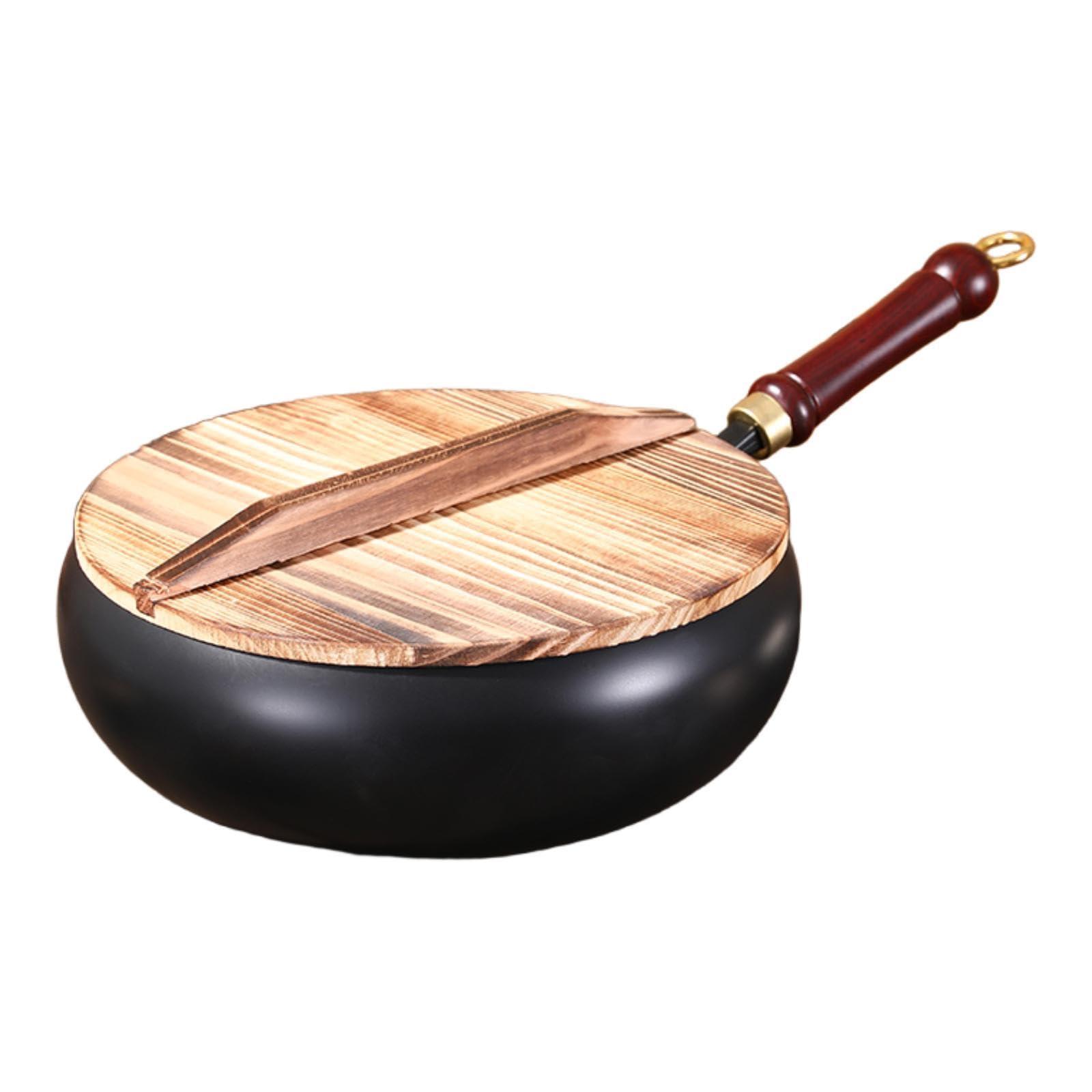 Trendivibe Nonstick Wok No Coating Wood Handle Stir Fry Pan For Kitchen Home Restaurant Wood Lid