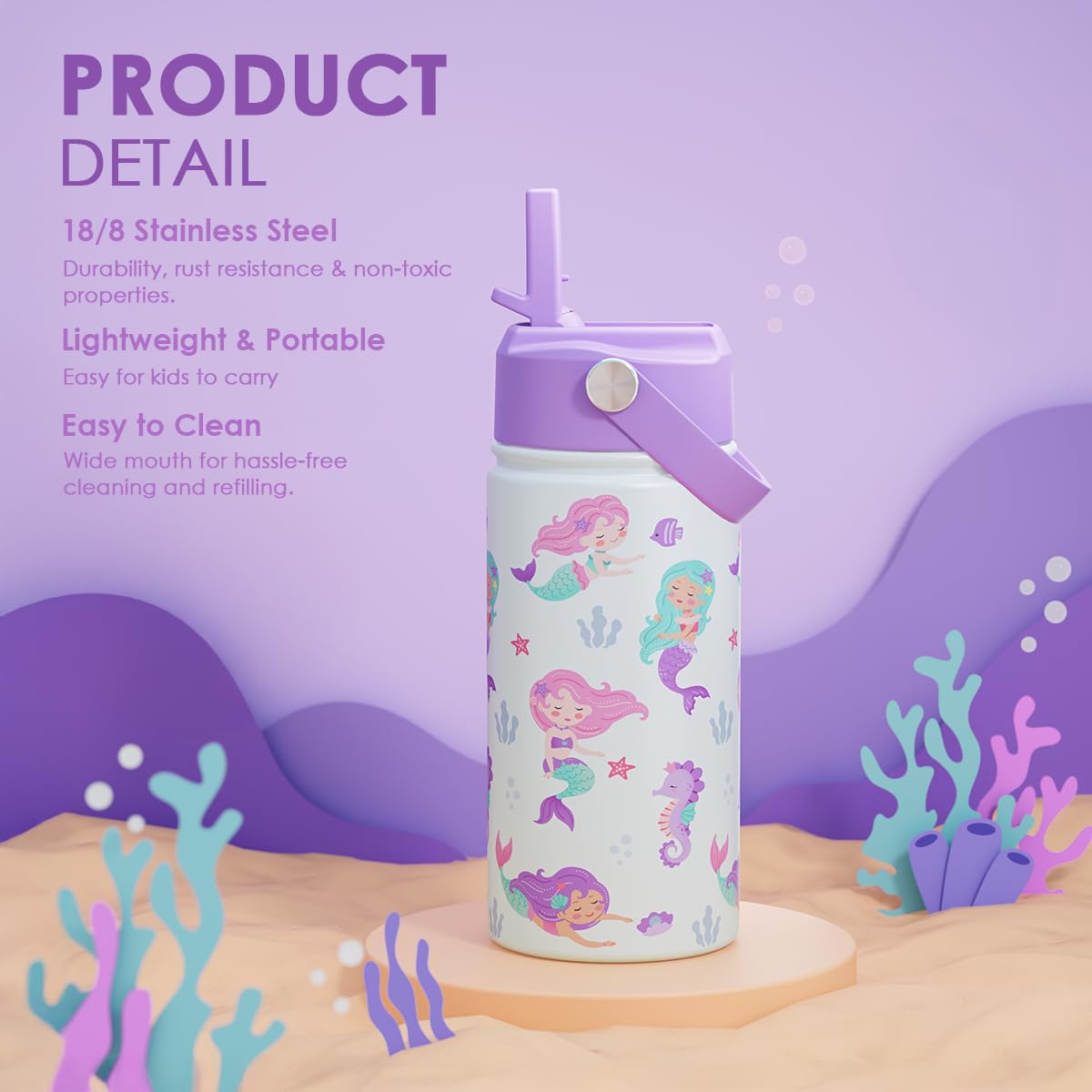 Mermaid Kids Water Bottle With Straw Lid 12oz Insulated Stainless Steel, Travel Tumbler, Gifts For Girls, Birthday, Christmas, B
