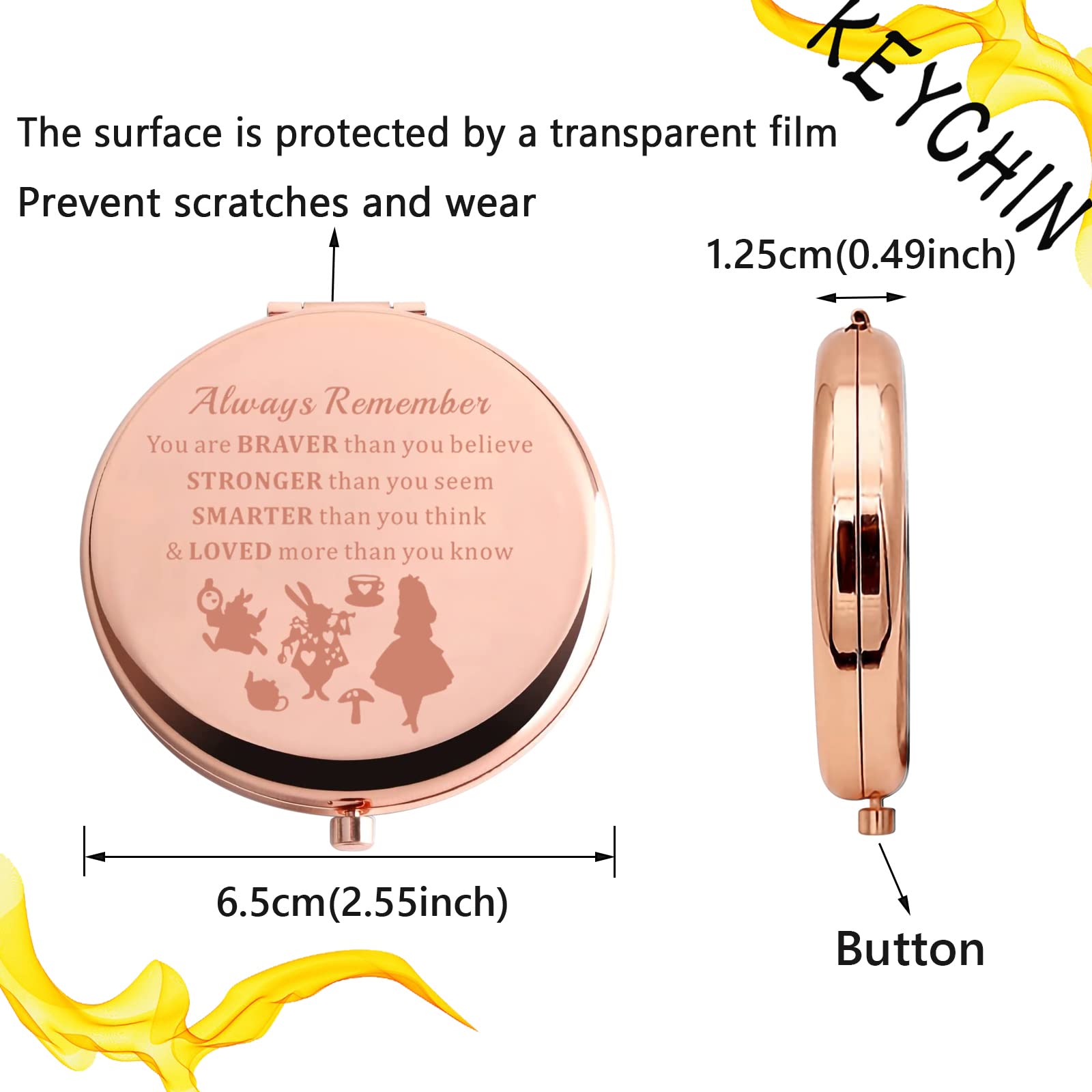 Keychin Princess Pocket Mirror Fairy Tales Gift Always Remember You Are Braver Stronger Smarter Than You Think Compact Makeup Mi