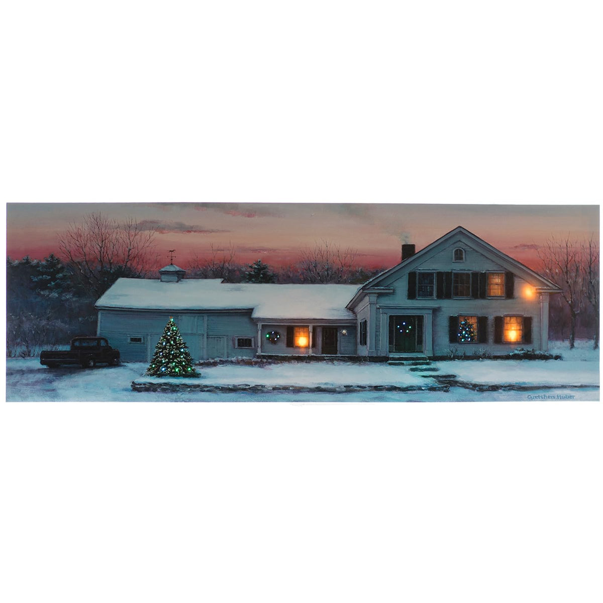 Large Christmas House Winter Scene Lighted Wall Canvas Pictures With Timer, Fiber Optic Light Up Print Pictures For Home Decor,