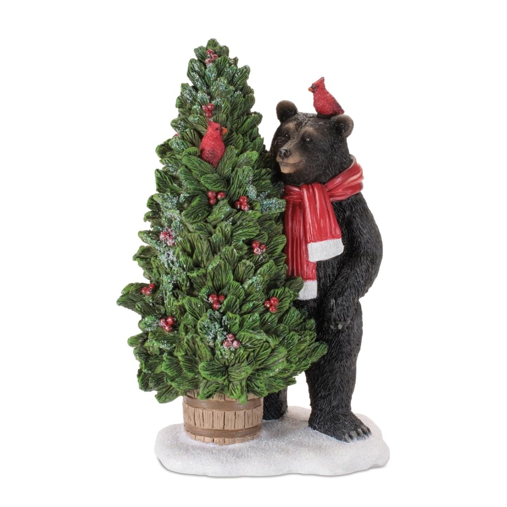 Bear w/Tree and Cardinals (Set of 2) 8.75H Resin