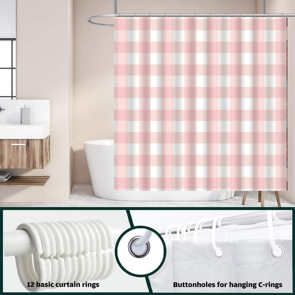 Zkjsmgs Geometric Plaid Shower Curtain Checkered Modern Geometry Pink White Buffalo Check Boho Square Blush Bathroom Home Curtai