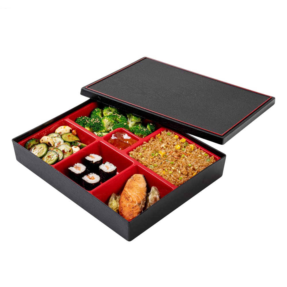 Restaurantware Bento Tek Rectangle Black & Red Large Japanese Style Bento Box - 6 Compartments - 12 1/4'' X 9 3/4'' X 2 1/4'' -
