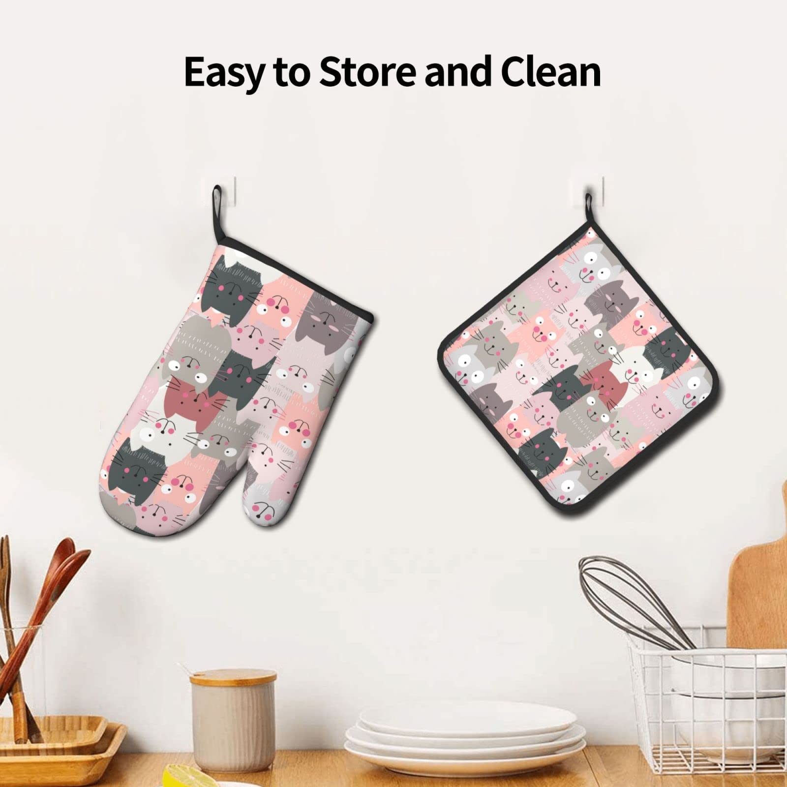 Oplp Funny Pink Cute Cats Oven Mitts And Pot Holders Heat Resistant Oven Mitts Safe For Baking Cooking Bbq