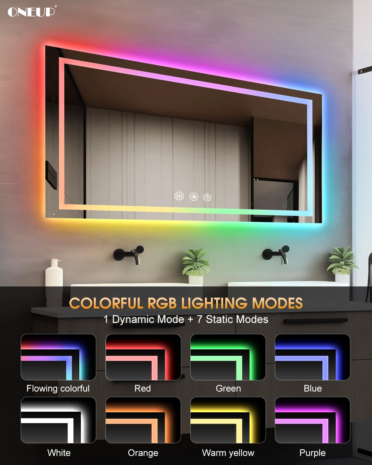 Oneup 55''X30'' Led Bathroom Mirror,Rgb Color Changing Bathroom Mirror With Lights,Anti-Fog Wall-Mounted Vanity Mirrors,Dimmable