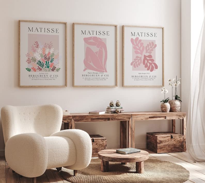 Hesendot Matisse Wall Art Decor Set Of 3,Abstract Matisse Wall Art Exhibition Posters, Unframed Sage Blush Pink Wall Art,Truly Q