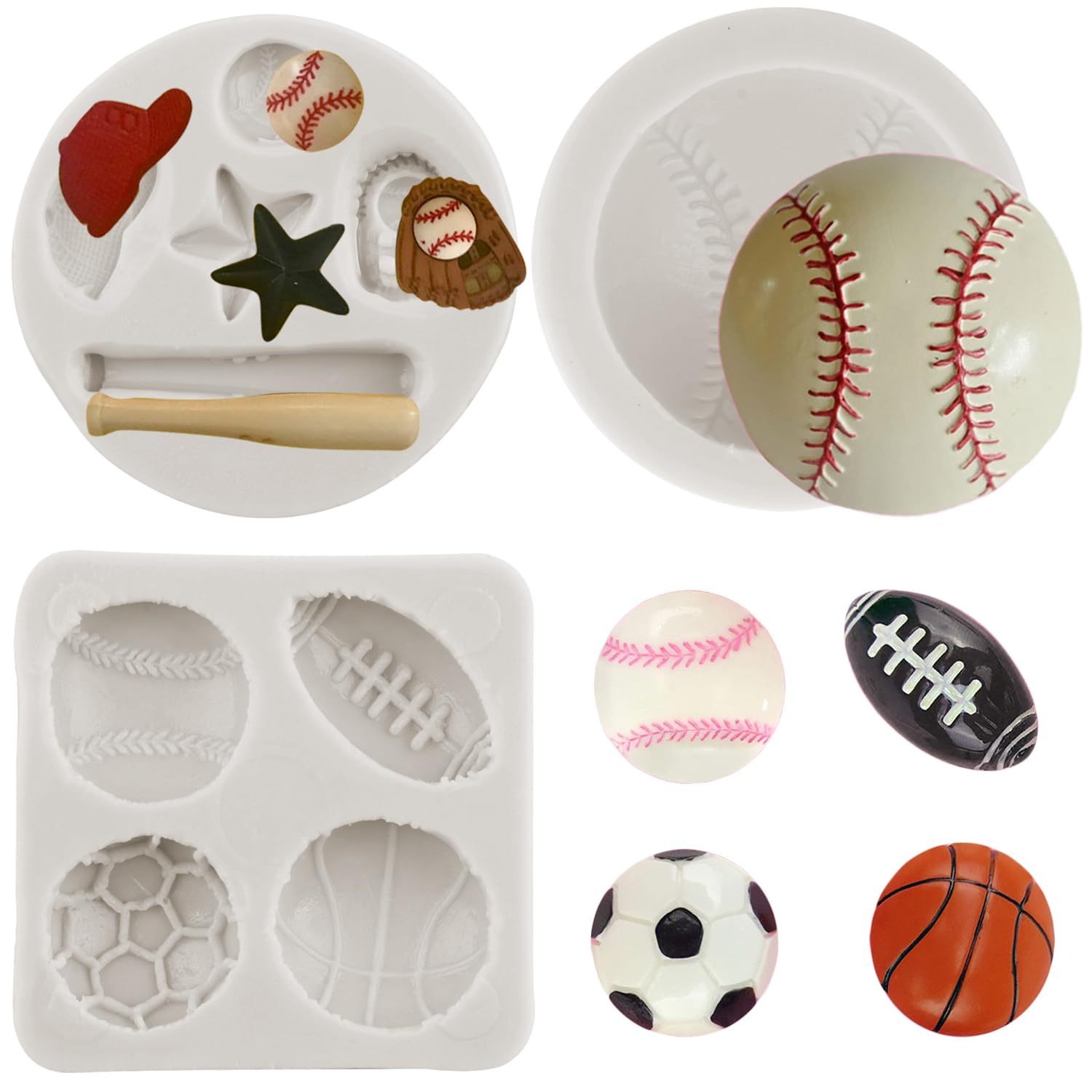 Sijiangmold Baseball Silicone Molds Bat Glove Hat Fondant Molds Basketball Football Rugby Chocolate Mold For Cake Decorating Cup