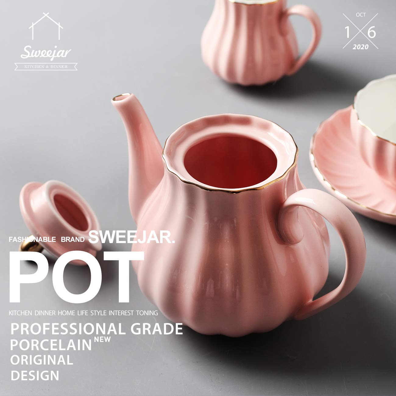 Sweejar Royal Teapot, Ceramic Tea Pot With Removable Stainless Steel Infuser, Blooming & Loose Leaf Teapot - 28 Ounce(Pink)