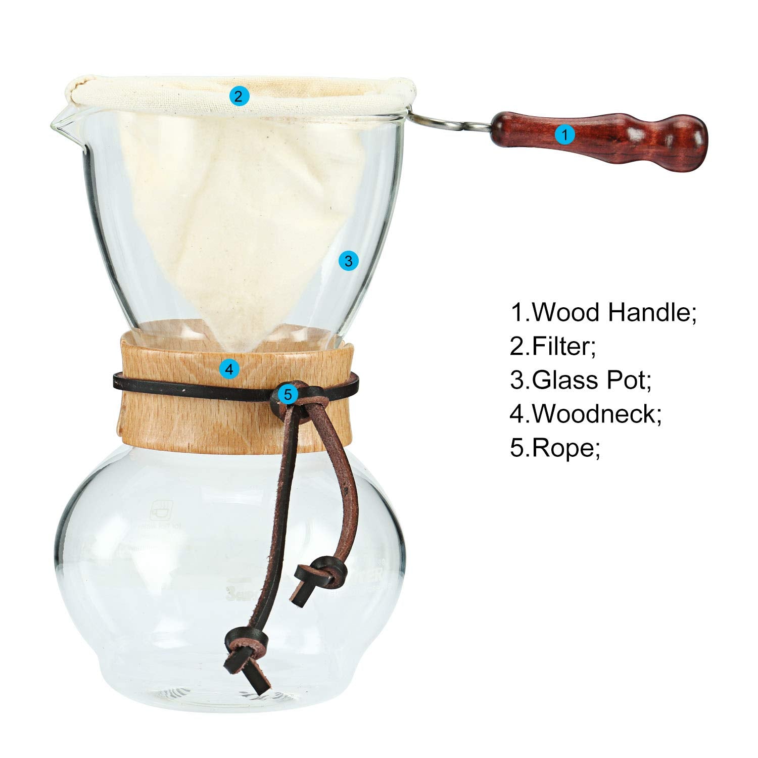 Homend Woodneck Coffee Brewer 480Cc 3-4Cups Coffee Maker, Woodneck Coffee Drip Pot Heat Resist Glass Coffee With 1 Extra Filter