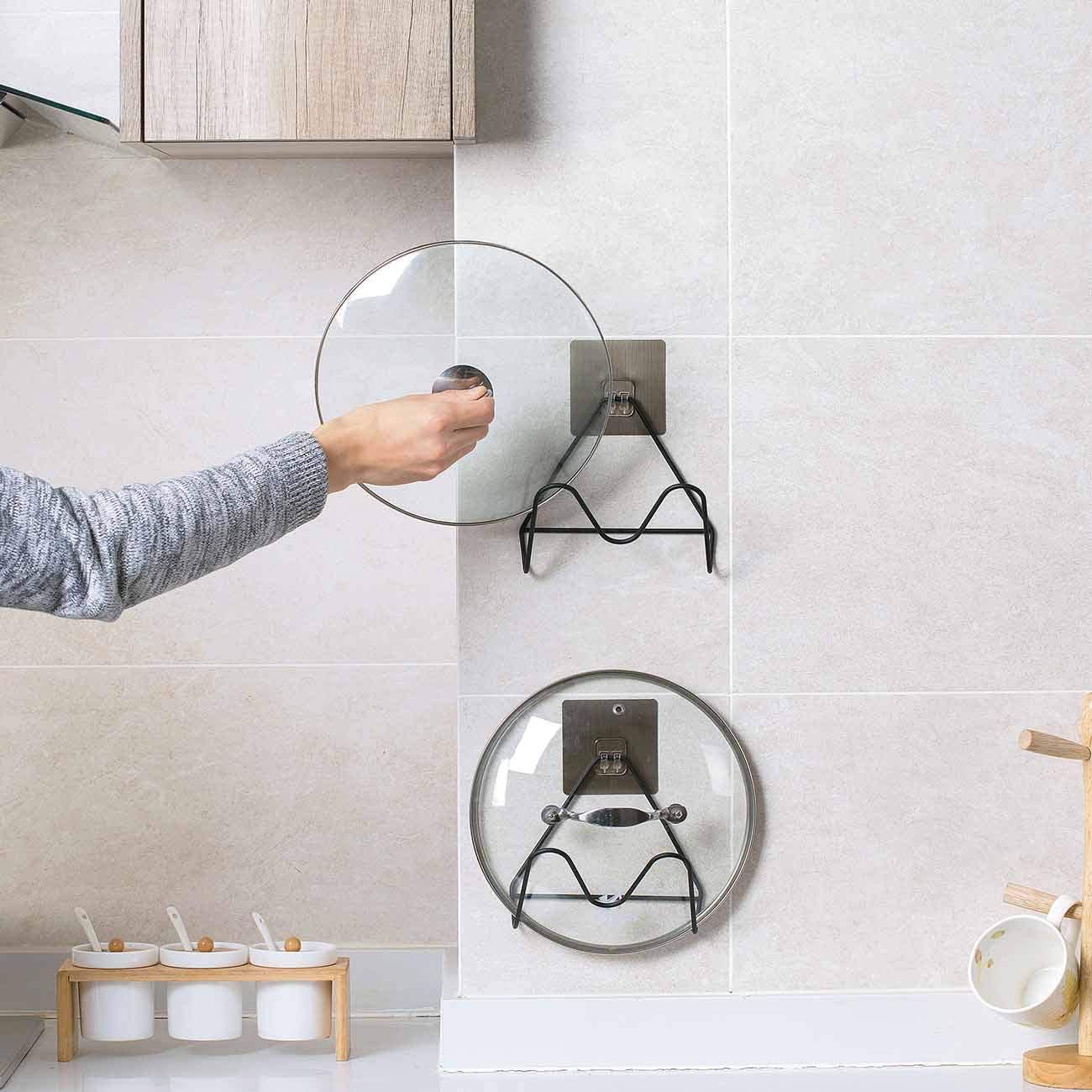 Meenira Wall Mounted Metal Pot Lid Holder Cutting Board Stand Strong Adhesive No Drilling Pot Lid, Kitchen Storage Multipurpose 