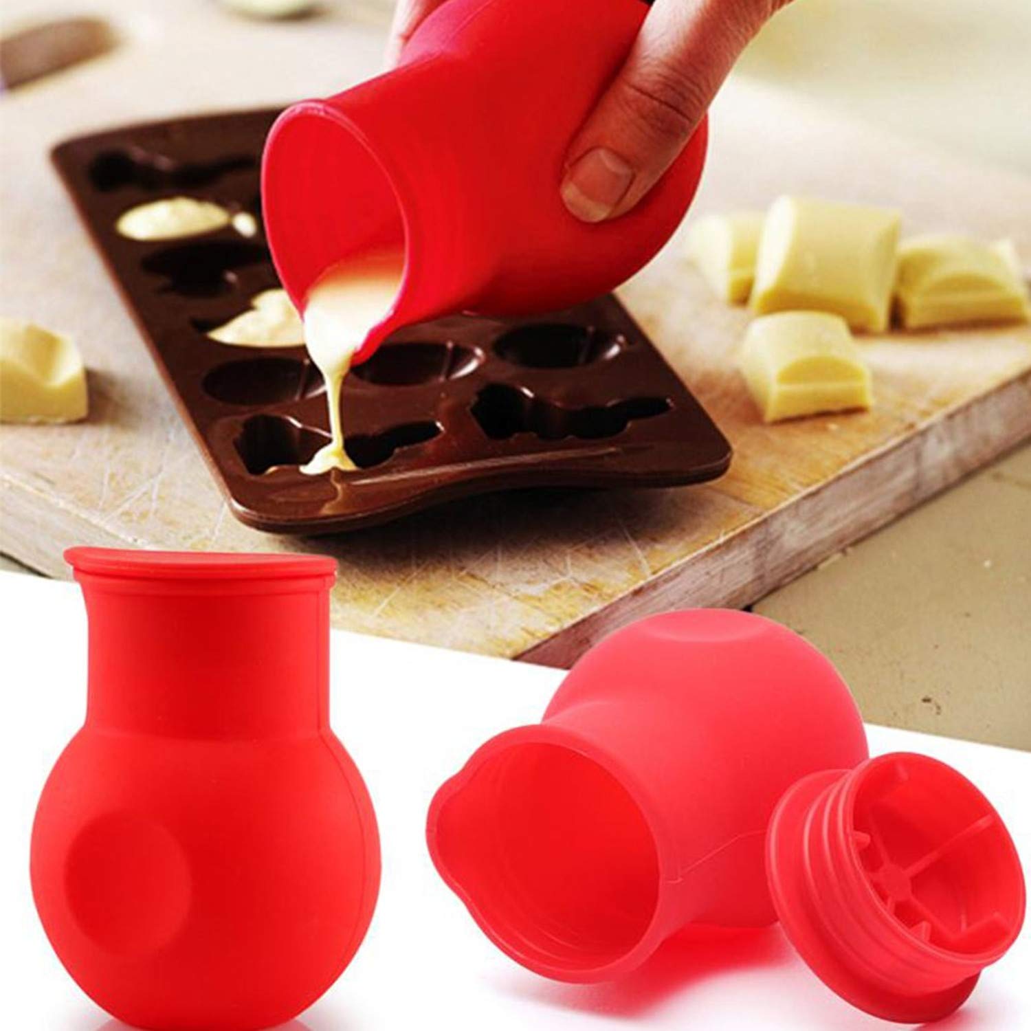 Dd-Life 3 Pcs Silicone Chocolate Melting Pot, Butter Sauce Milk Microwave Baking Pouring Tool (Red)