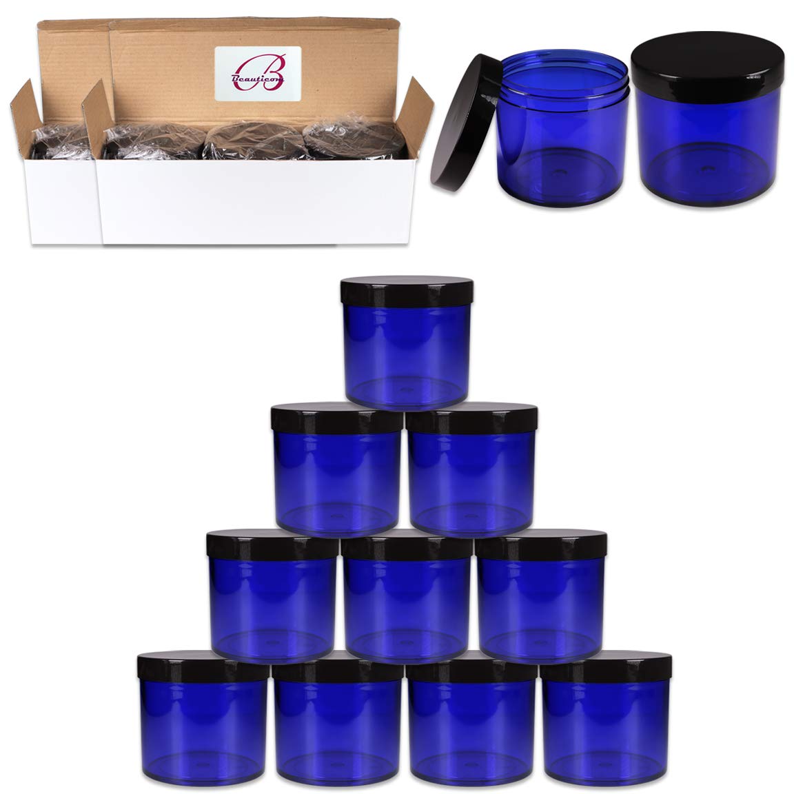 Beauticom 10 Oz. (300G /300Ml) Thick Wall Round Leak Proof Clear Acrylic Jars With Clear Lids For Beauty, Cream, Salves, Scrubs