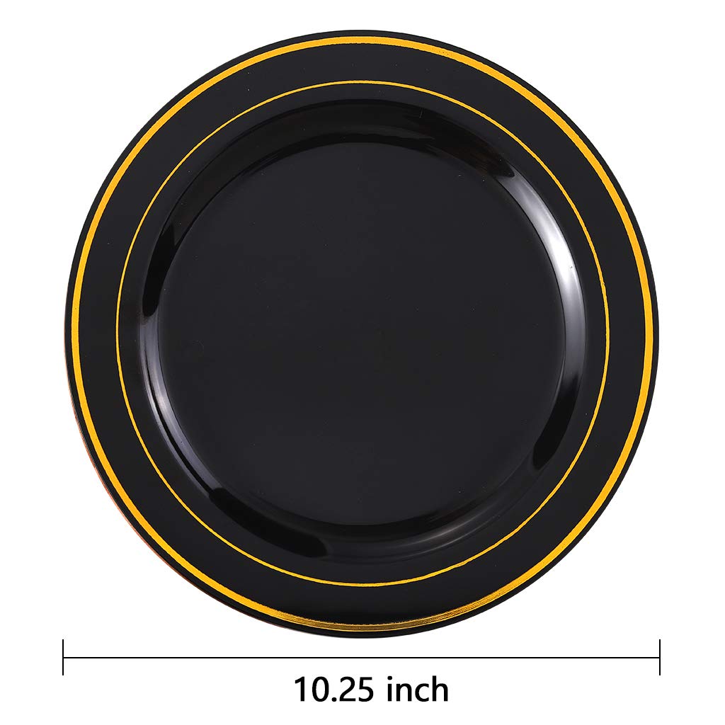Bucla 100 Pieces Black And Gold Plastic Dinner Plates - 10.25 Inch Black Disposable Plates With Gold Rim - Disposable Dinner Pla