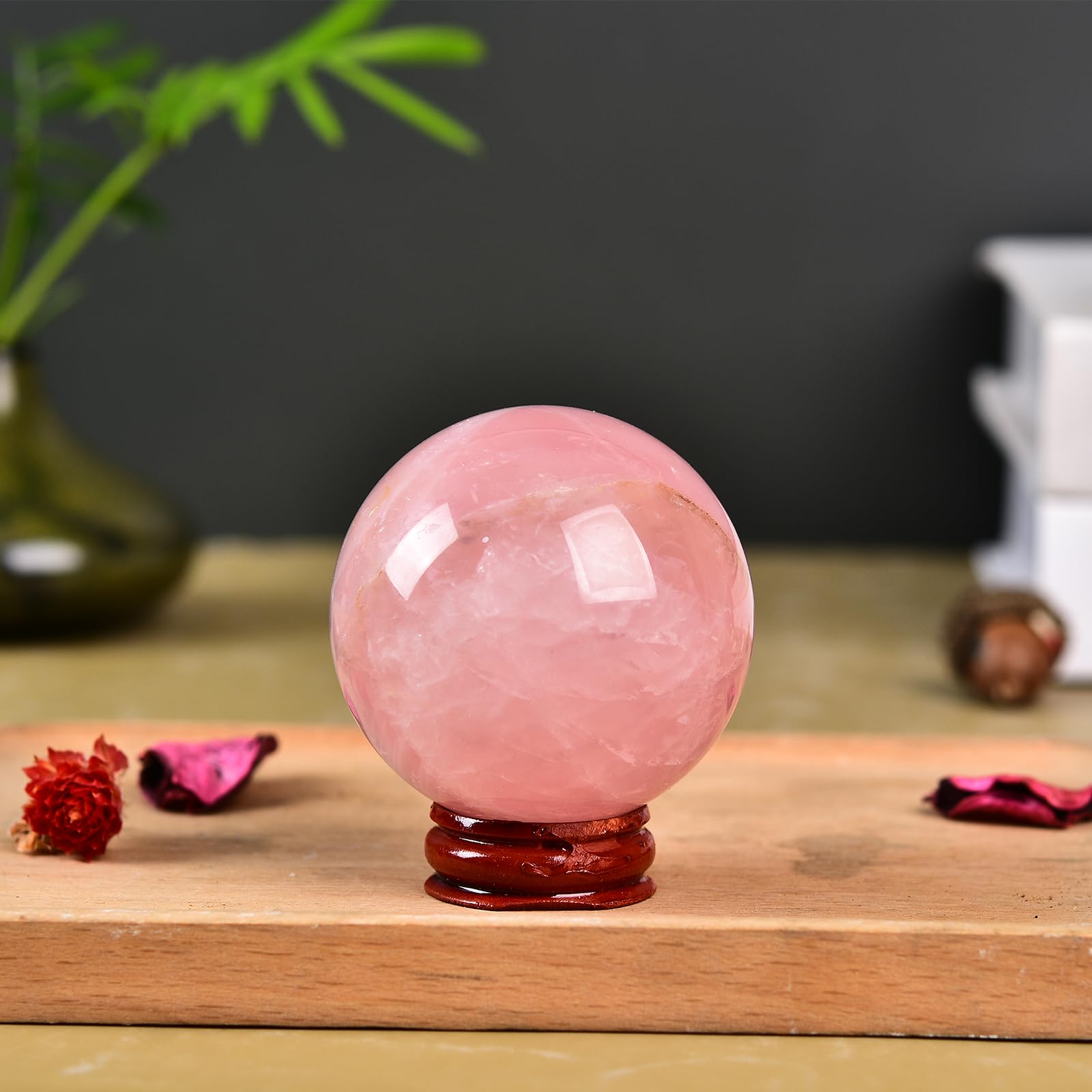 JIC Gem Natural Pink Rose Quartz Ball Sphere with Base,Class 1,10-11cm