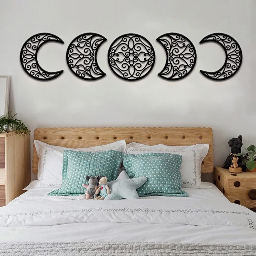 Moon Wall Decoration  Moon Phase Wall Art Decoration Hanging (5 Pieces) Nordic Wood Moon Appearance Natural Design Moon Interior  Boho Bedroom Decor Home Wall Decor (Black)
