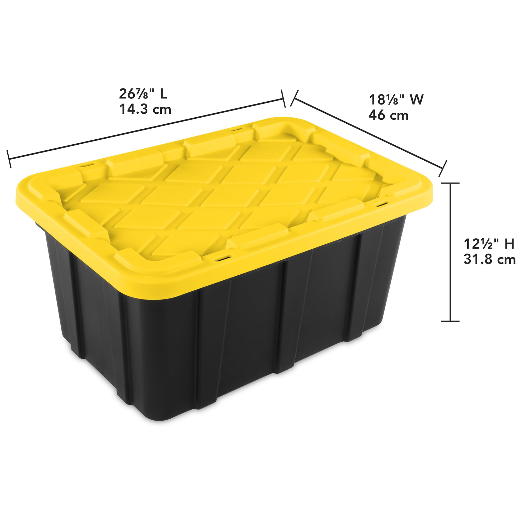 Sterilite 17 Gal Industrial Tote, Stackable Storage Bin With Snap-Fit Lid For Garage, Basement & Attic Storage, Black Base And Y