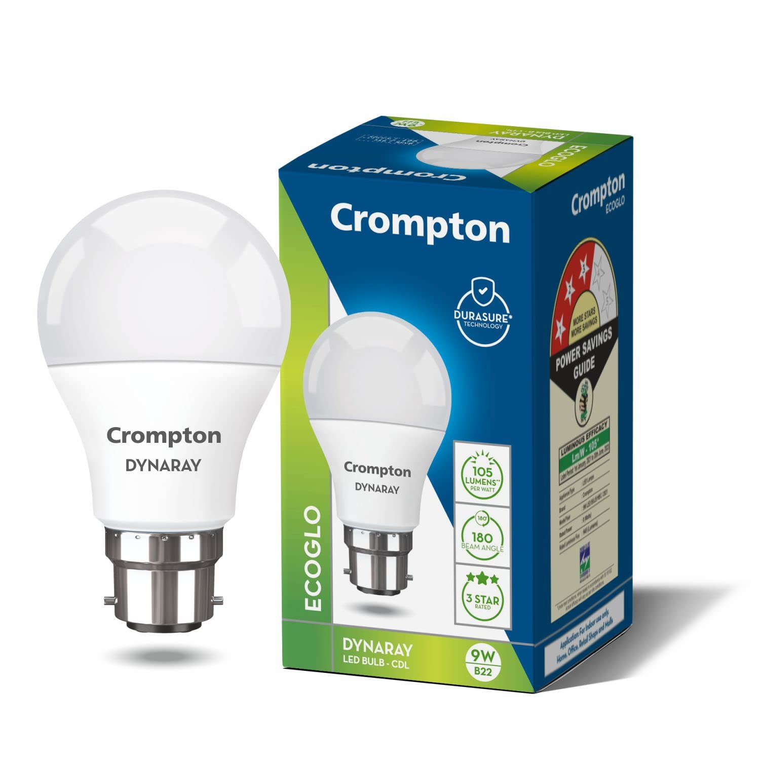 Crompton Dyna Ray 9 Watt Led Bulb Cool Day Light | Pack Of 1 | B22 Base, EnergyEfficient | Led Bulb For Home & Office, Wide Lig