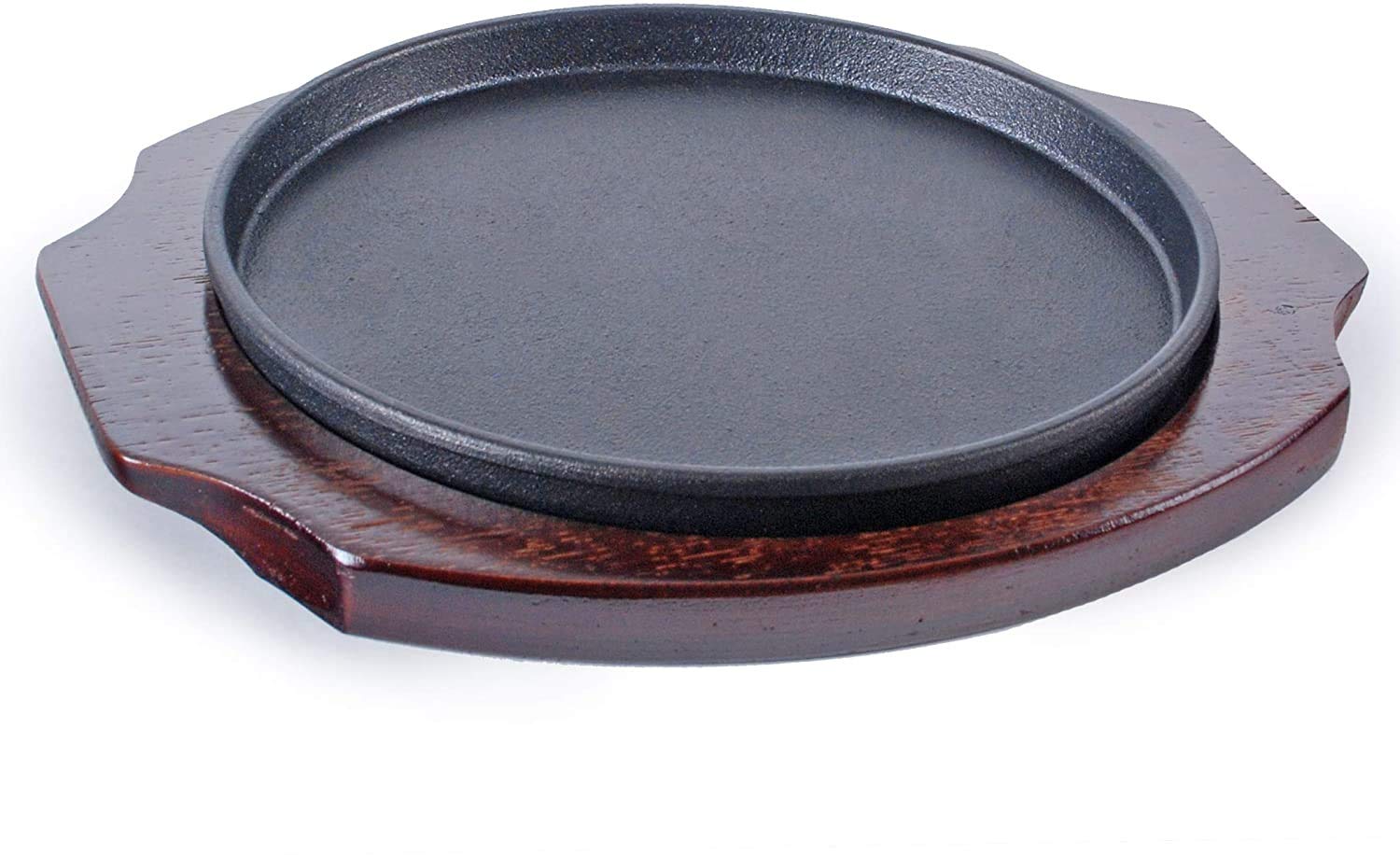 Happy Sales Hsgrd-Rnd95, Large Cast Iron Steak Plate Sizzle Griddle With Wooden Base Steak Pan Grill Fajita Server Plate Househo