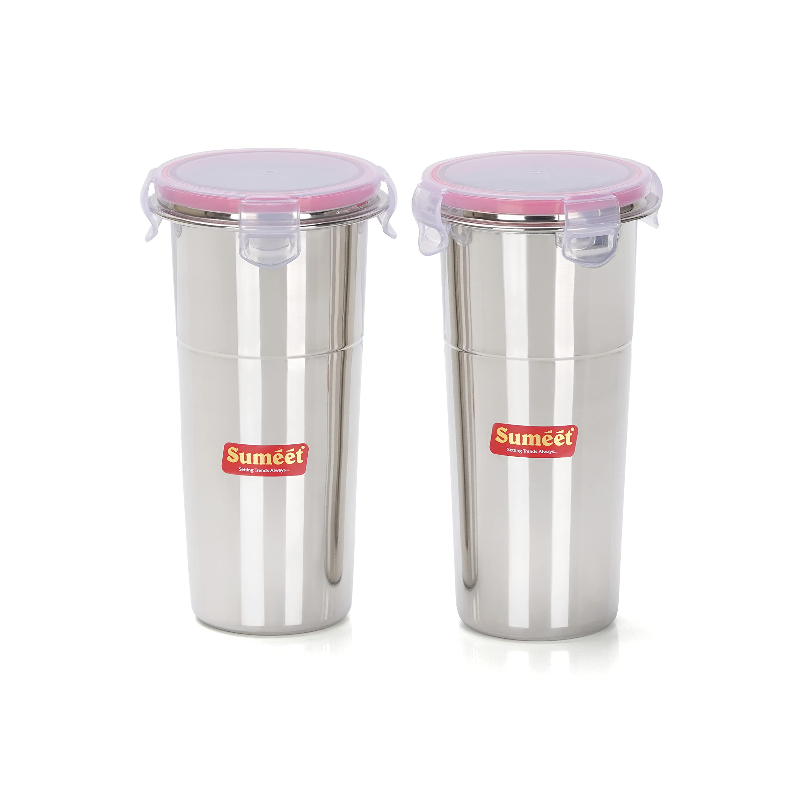 Sumeet Stainless Steel Airtight, Leak Proof, Freezer Safe and Dust Proof Big Glass/Tumbler with Lid Set of 2, Capacity  600ML, 