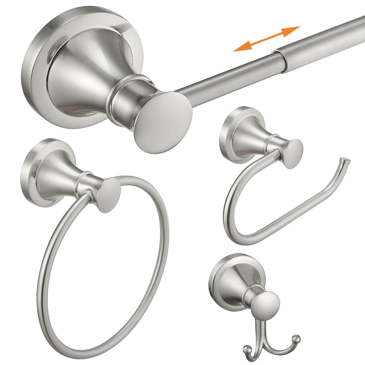 Hoimpro Brushed Nickel 4-Piece Bathroom Bath Set, Wall Mount Bathroom Hardware Fixture (Adjustable Towel Bar Rack, Towel Ring Ho