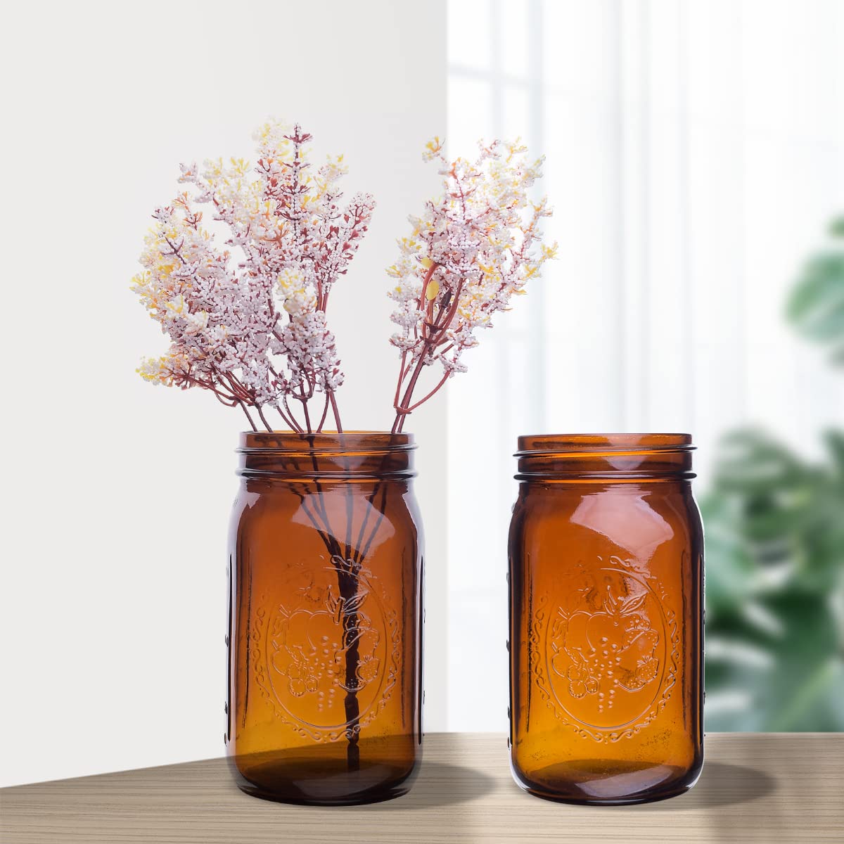 Eleganttime Amber Glass Mason Jars 32 Oz Wide Mouth With Airtight Lids And Bands 6 Pack Large Glass Canning Mason Jars Quart,Gre