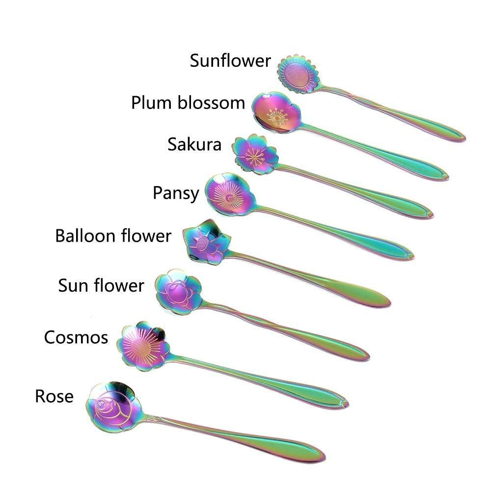 Flower Spoon Set - 8Pcs Dgq Teaspoon Coffee Spoon Rainbow Color For Coffee Tea Mixing Ice Cream Dessert - 8 Diffient Pattern Col