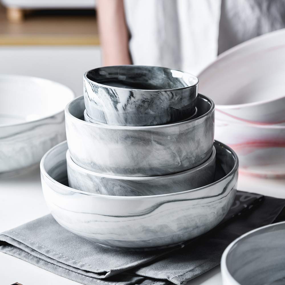 Yundu 56 Oz Gray Marble Porcelain Bowls, Popcorn Bowl, Fruit, Cereal, Pasta, Large, Soup, Serving, Pho Bowl Sets, Microwave And