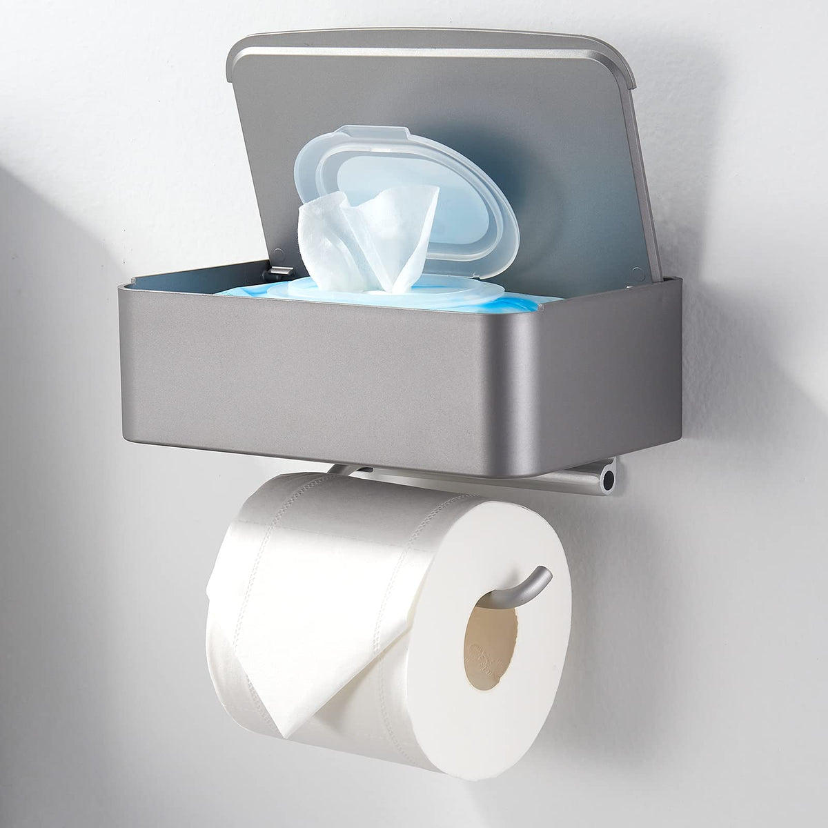 Freeangle Toilet Paper Holder With Shelf,Flushable Wipes Dispenser Wall Mounted Grey Bathroom Storage Rack Hide Wet Wipes For Ba