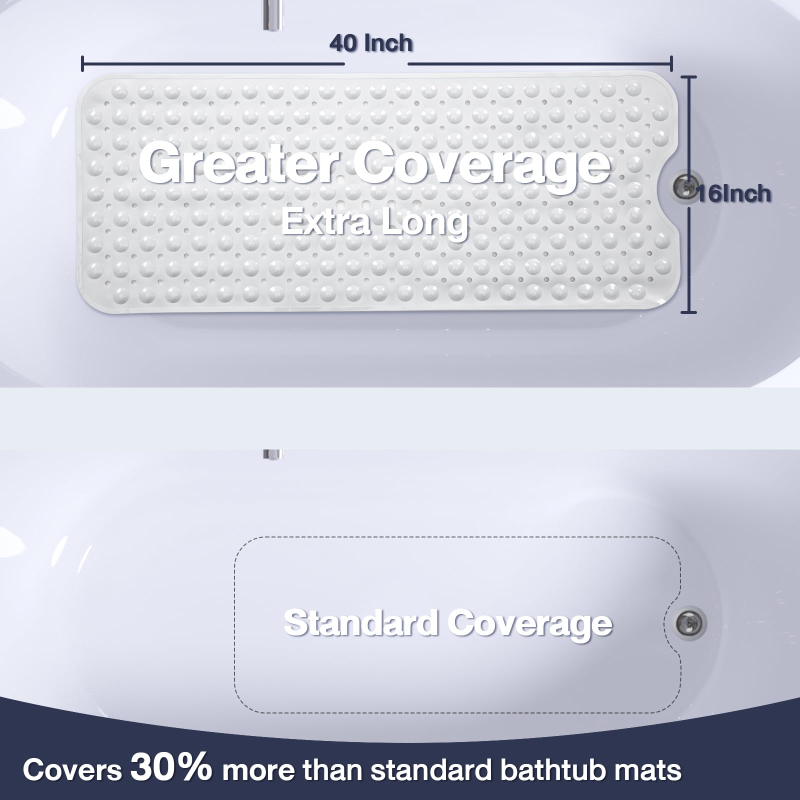 Naoloture Extra Long White Bathtub Mat Non Slip, Soft Bath Mat For Tub 40 X 16 Inch Full Size, Bath Tub Shower Mats For Bathroom