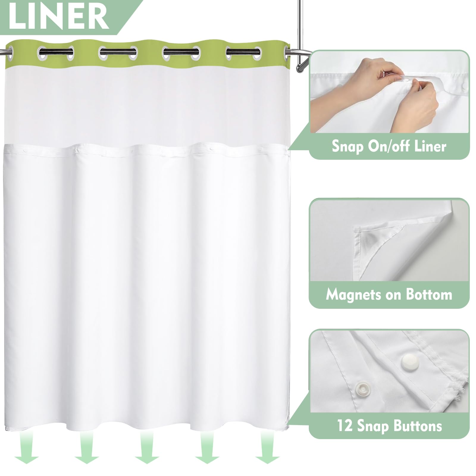 Lylycty Green No Hook Shower Curtain With Snap In Liner Set,Modern Fabric Shower Curtains For Bathroom Hotel Style Decor 71X74