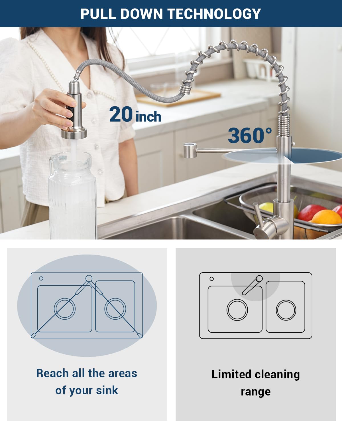 Appaso Kitchen Faucet With Soap Dispenser Brushed Nickel, Pull Down Kitchen Faucet Commercial Single Handle High Arc Faucet For