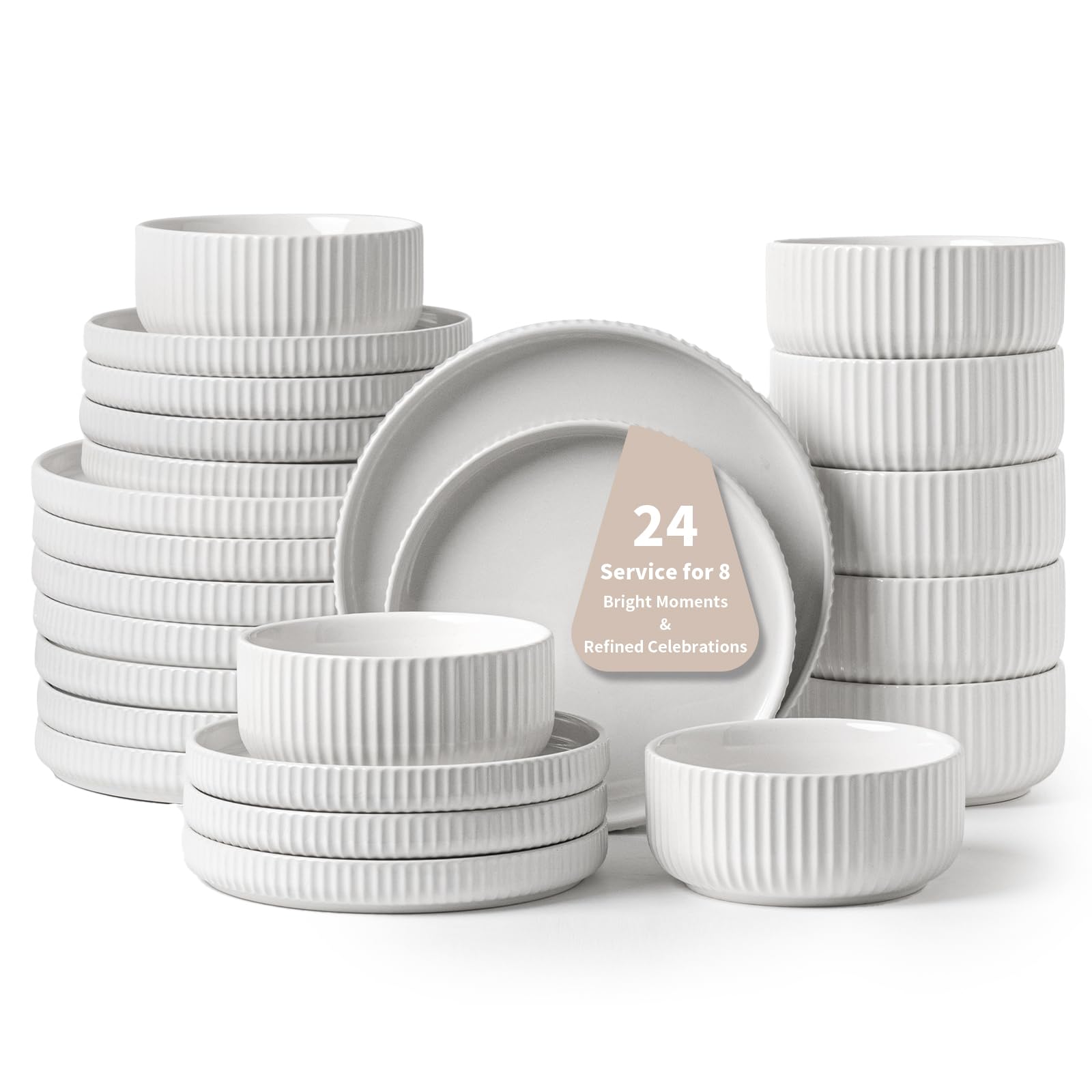 FOBENTA 24 Piece White Ceramic Dinnerware Set,Elegant Dish Set for 8 - Plates and Bowls Sets for Hosting, Home Wellness & Clean 