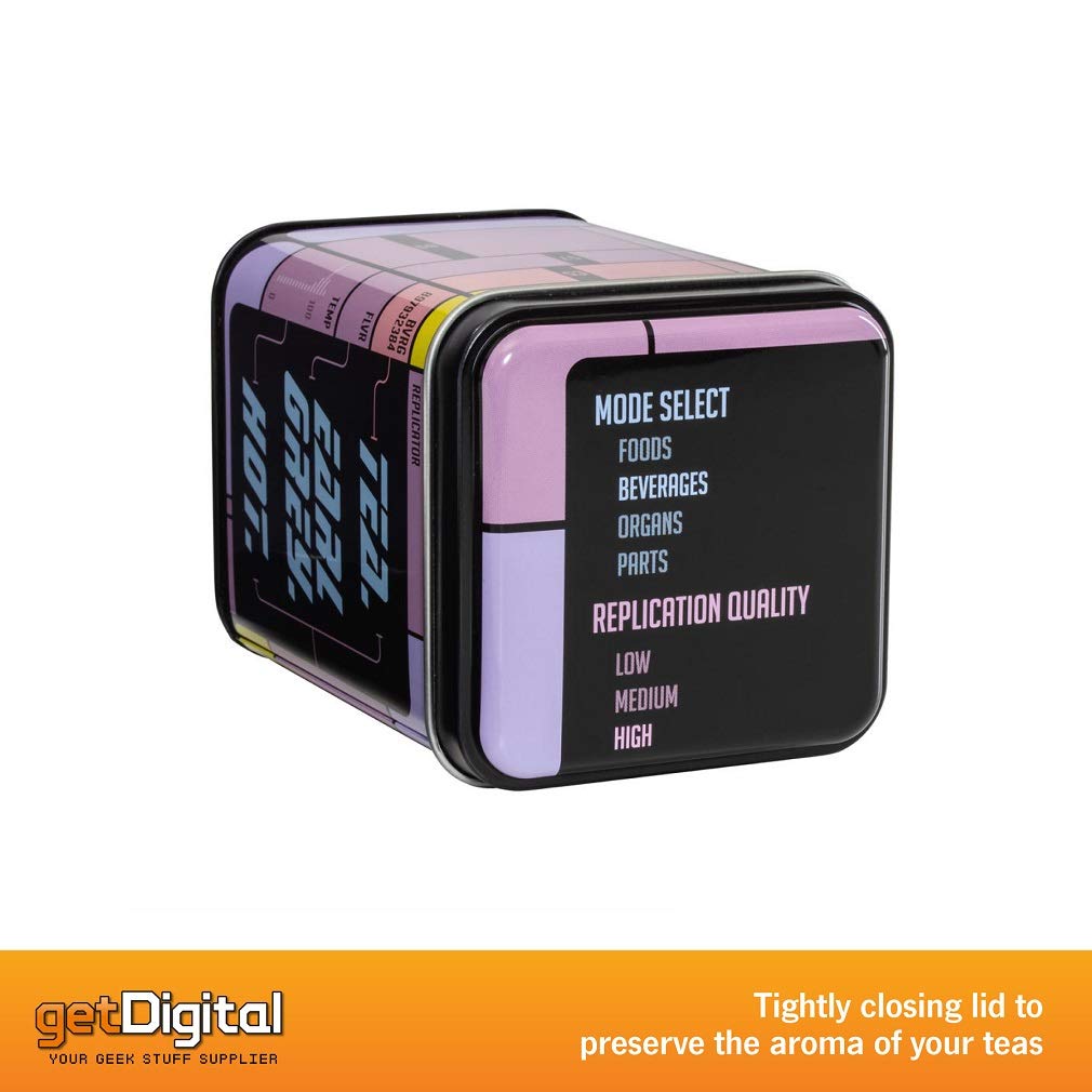 Getdigital Tea Tin, Tea. Earl Grey. Hot. - Metal Caddy With Lid For Loose Leaf Tea Storage - Shows The Replicator Interface From