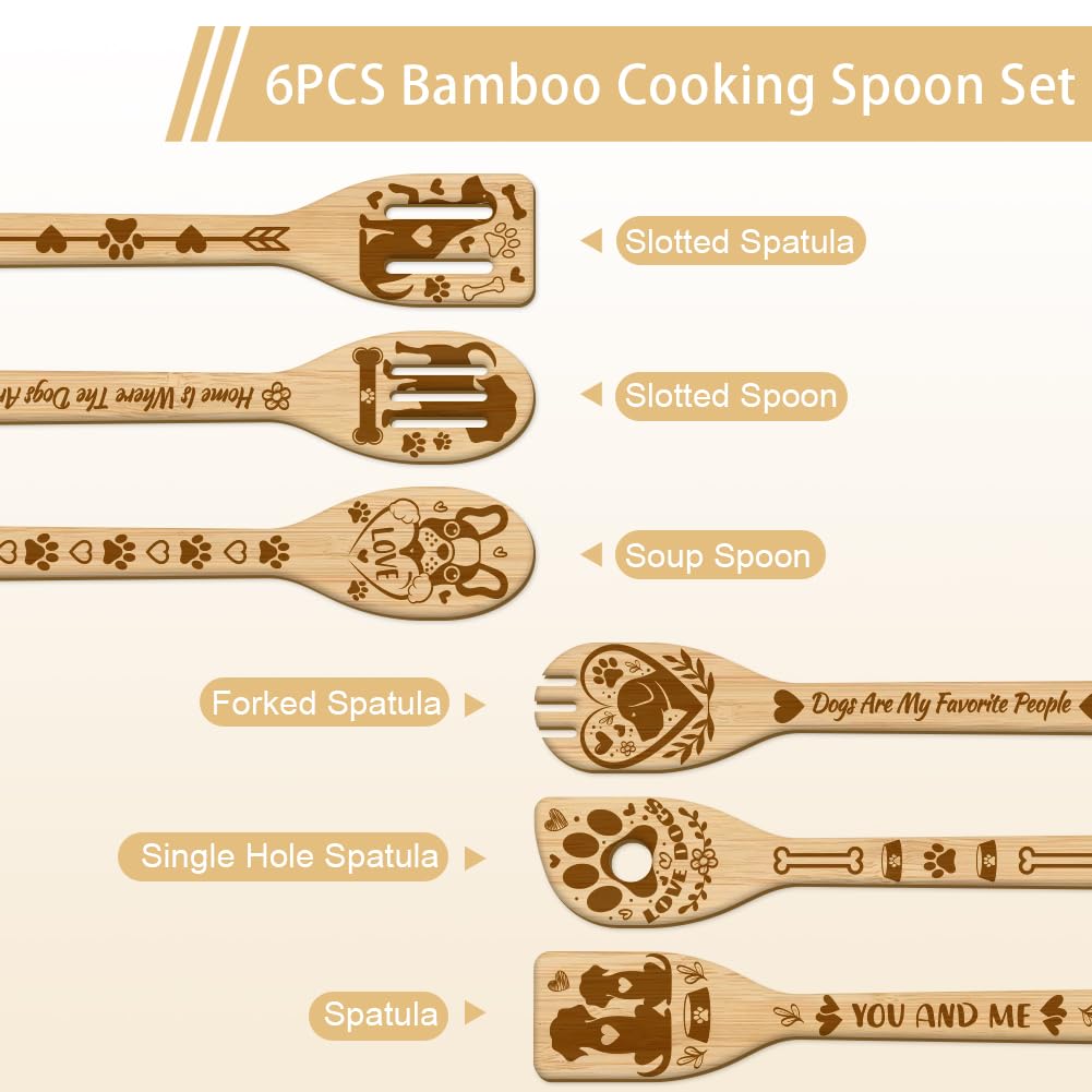 Globleland 6Pcs Dog Bamboo Cooking Utensils Wooden Pet Engraved Cooking Spoons Set Carving Kitchen Bamboo Spatula Set Wood Cooki