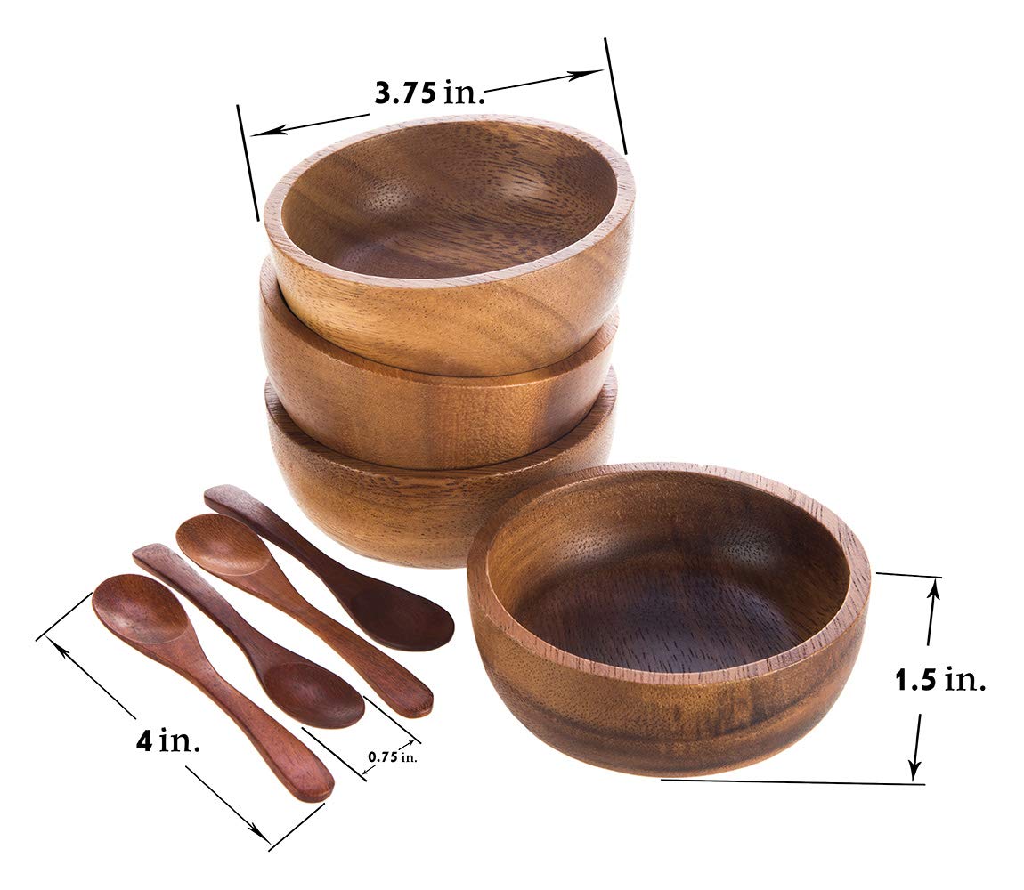 Bestysuperstore Small Round Wood Bowls 4 Pcs 3 '' Diameter 1 '' High Stackable Acacia Wooden Bowl Set With 4 Spoons For Serving