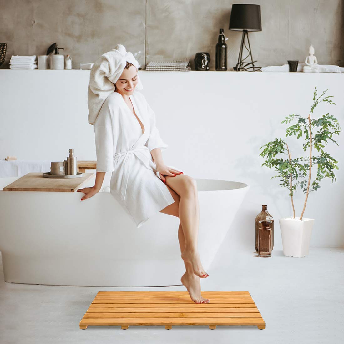 Bamboo Wooden Bath Floor Mat For Luxury Shower - Non-Slip Bathroom Waterproof Carpet For Indoor Or Outdoor Use (313 X 181 X 15 I