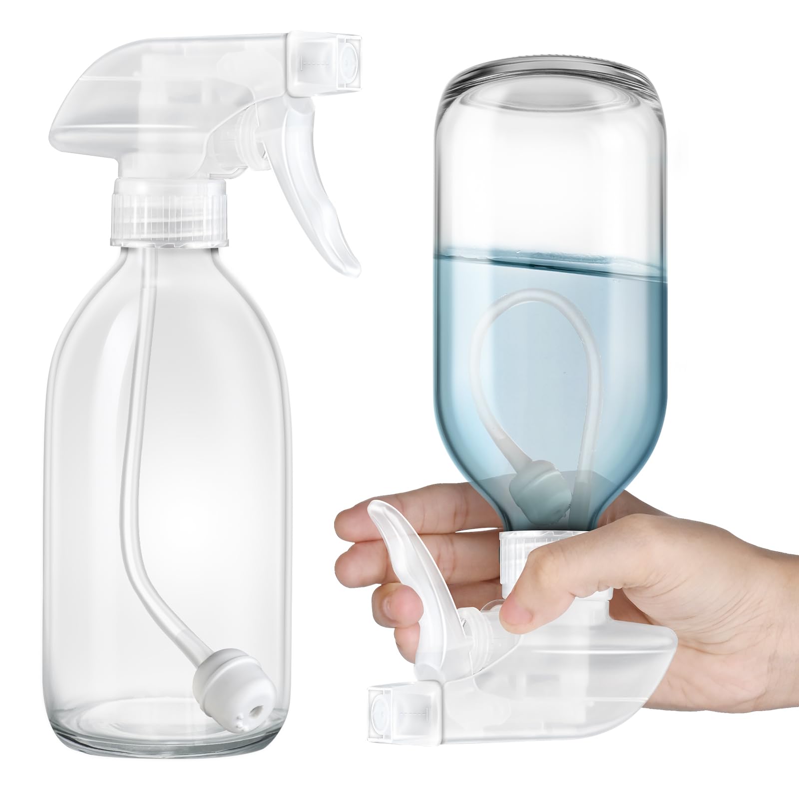 Tecohouse Glass Spray Bottles 8oz, 2 Pack 360 Glass Spray Bottle for Cleaning Upside Down Mister Squirt Bottle with Adjustable N