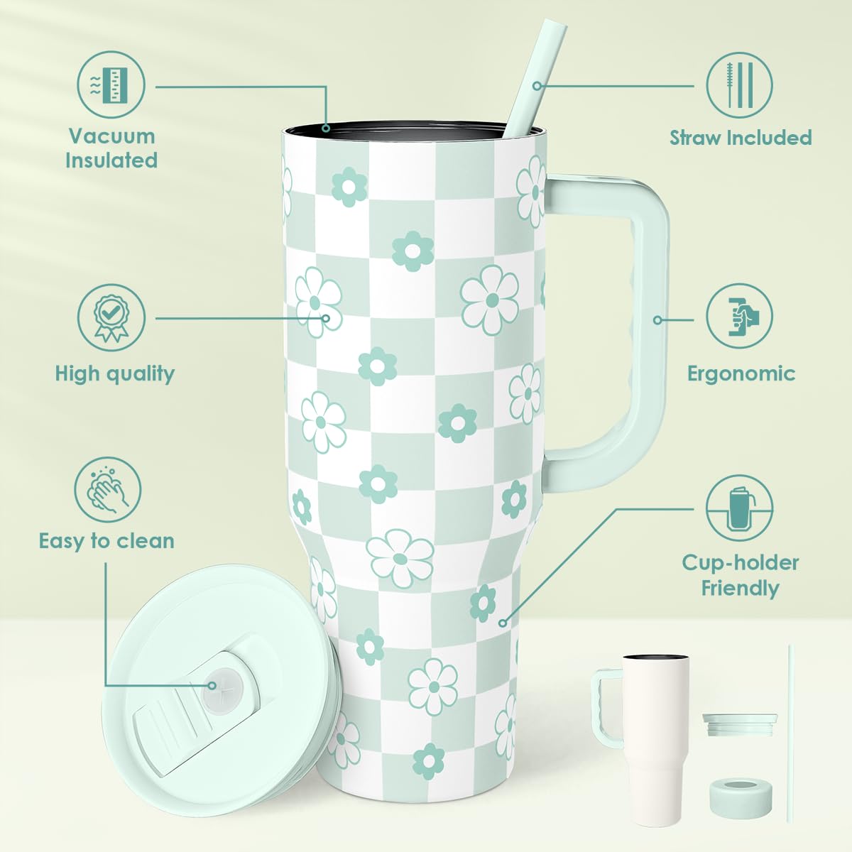 40oz Daisy Flower Tumbler with Handle and Straw - Insulated Stainless Steel Coffee Travel Mug for Women Girls, Floral Gift Idea