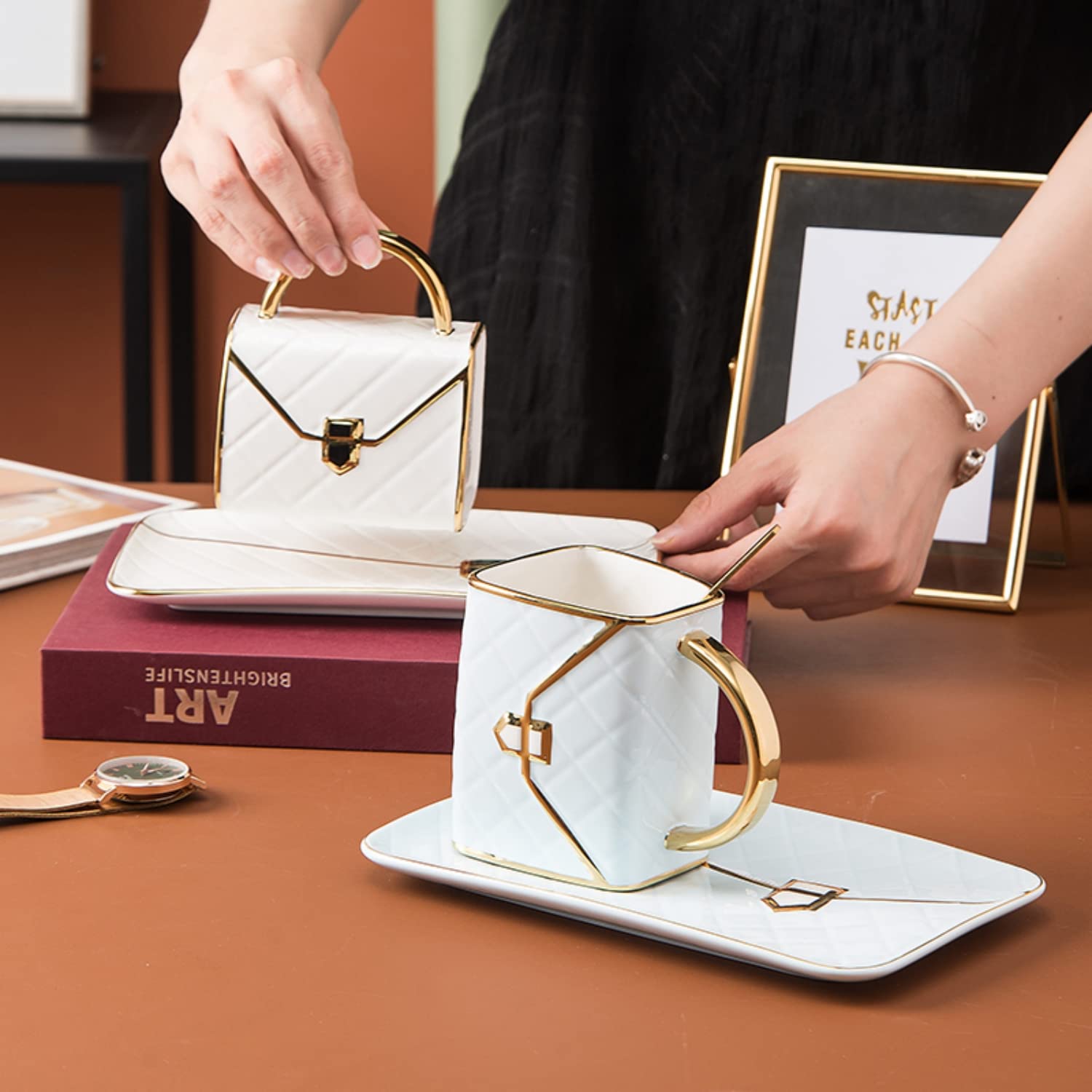 Ynsfree Handbag Shaped Ceramic Coffee Mugs Set Tea Cup Back To School Supplies Coffee Bag Shaped Mug And Saucer Set With Spoon F