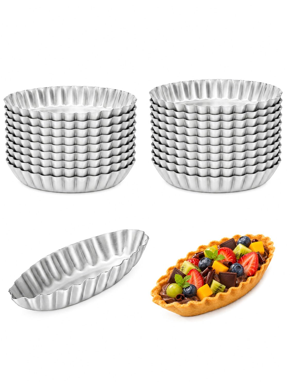 ISKYBOB 20Pc Boat Egg Tart Molds for Baking, 4.7x0.8in Fluted Alu Tart Pans