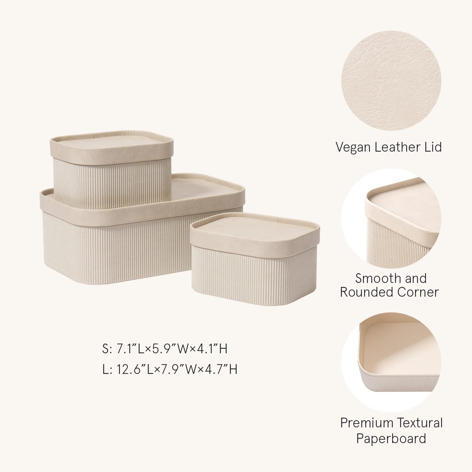 La Jolie Muse Storage Basket Set Of 3 With Leather Lids Fluted Cardboard - Light Grey